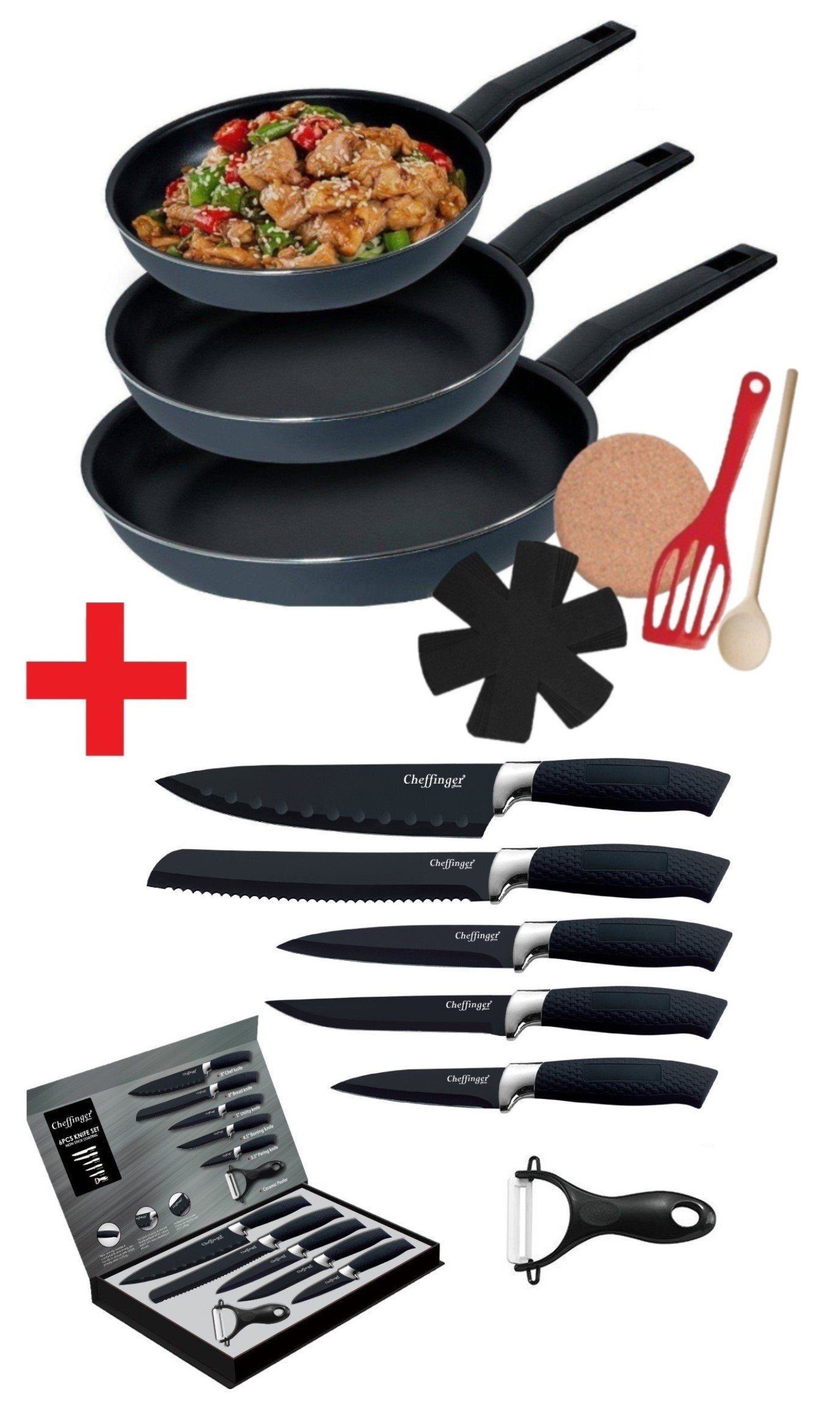 KESSMANN Pfannen-Set Induktion Bratpfannen 9tlg + Küchen Messerset 6tlg -KOMPLETT SET-, Aluminium (Set, 15-tlg., Inkl 1 Pfannenwender + 1 Untersetzer + 1 Löffel + 3 Einlagen Antihaft), Küchen Messer Set Messerblock Pfanne Pfannenset Knife Induktionsherd