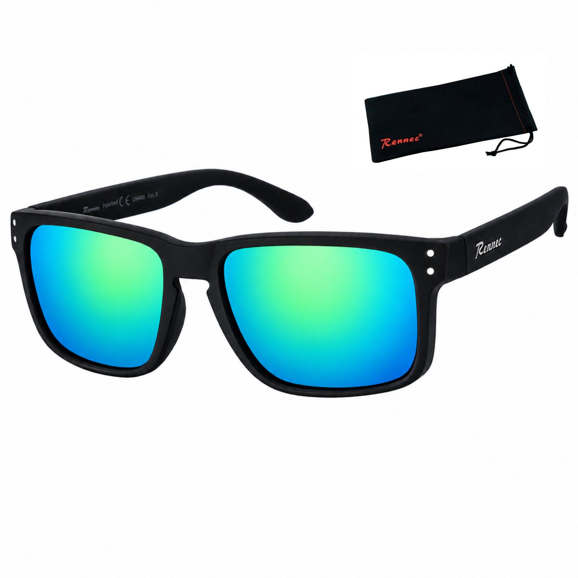 Rennec Sonnenbrille Polarisiert Herren Markenbrille mit Brillenbeutel Gläser Polarisiert Grün Blau Verspiegelt stabile Bügelgelenke