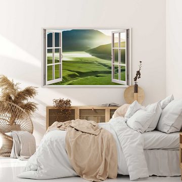 Sinus Art Leinwandbild Wandbild 120x80cm Fensterbild Natur Landschaft Berge grüne Wiesen Sonn, (1 St)