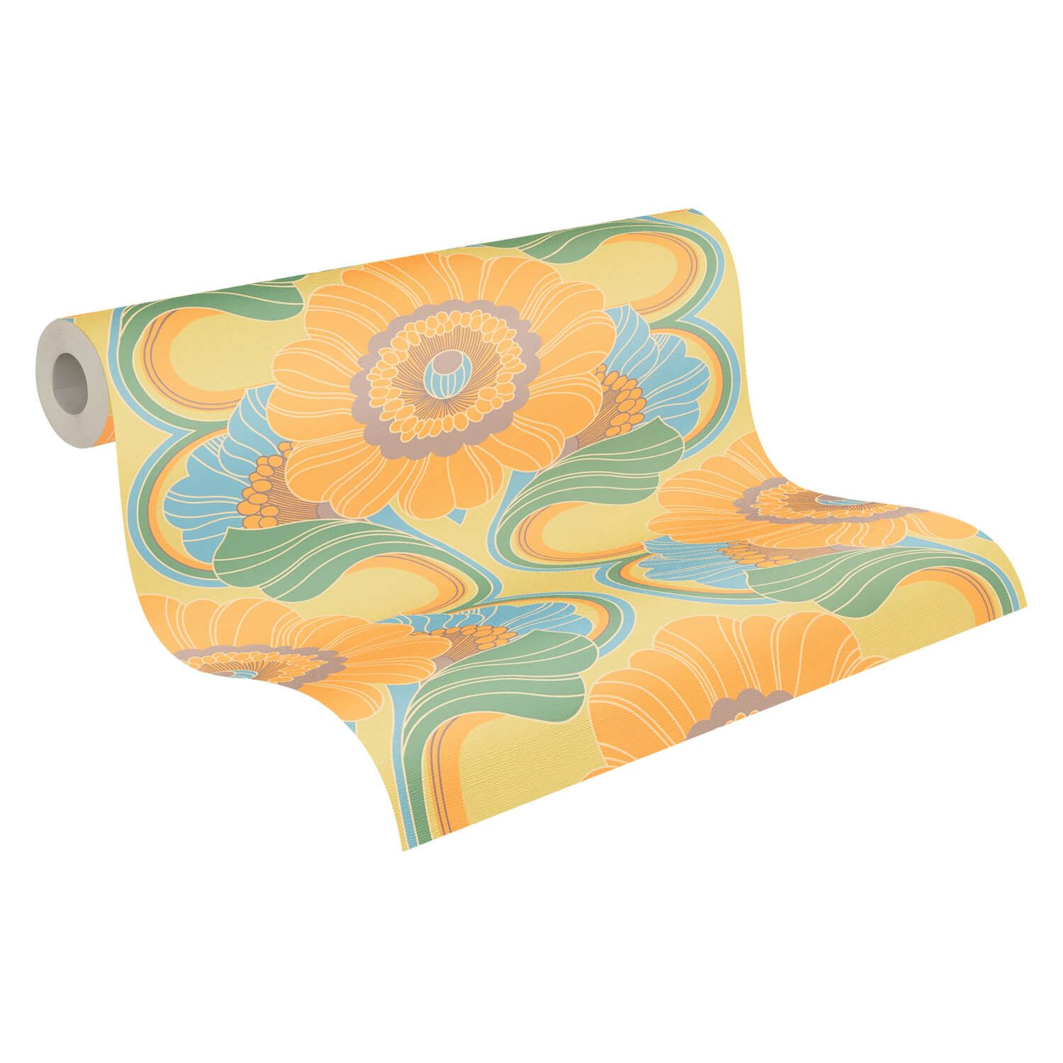 Profhome Vliestapete 395301-GU Retro Tapete Blumen matt gelb türkis-blau beige-grau, geprägt, (1 Rolle, 4,51 qm), heißgeprägte Vliestapete, gelb