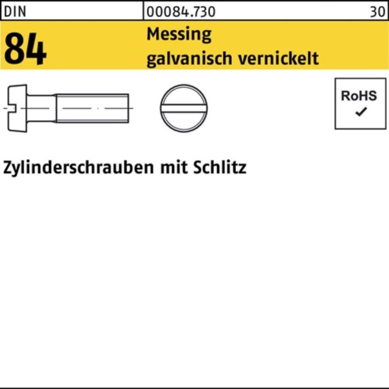 Reyher Zylinderschraube 200er Pack Zylinderschraube DIN 84/ISO 1207 Schlitz M5x30 Messing galv