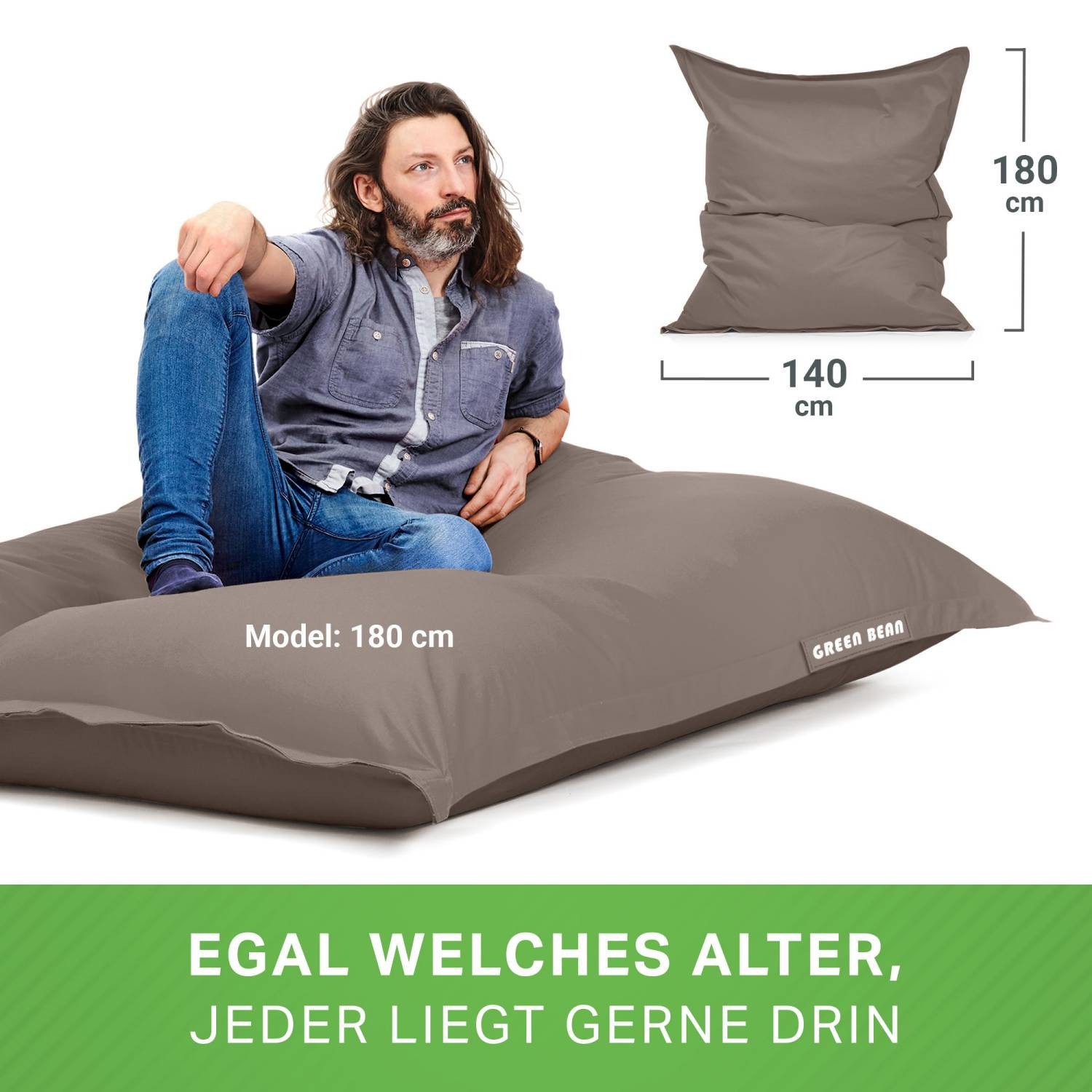 Green Bean Sitzsack XXL Outdoor Sitzsack Square 140x180cm (XXL Riesensitzsack 140x180cm 380 Liter Kinder & Erwachsene Bean Bag EPS Perlen Füllung, Groß Draußen  – Bild 5 von 5