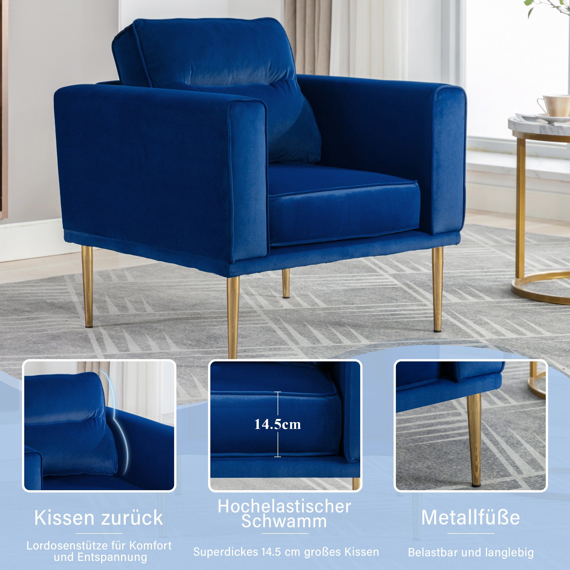 Merax Sessel mit goldenen Metallbeine, Ohrensessel, Relaxsessel, Samtbezug Blau Einzelsofa, Ruhesessel