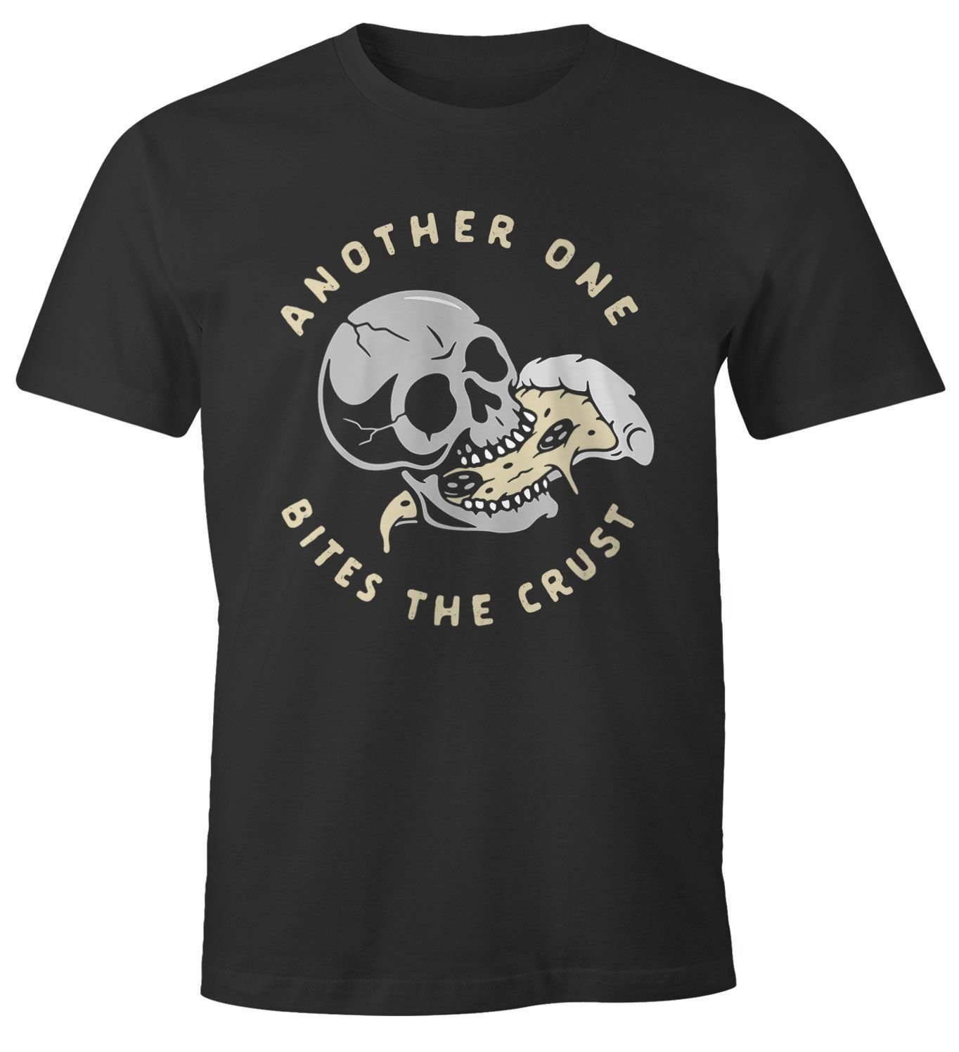 mit Another MoonWorks Print-Shirt Motiv Totenkopf Herren Print Moonworks® one T-Shirt bites crust Skull Fun-Shirt Spruch Pizza the