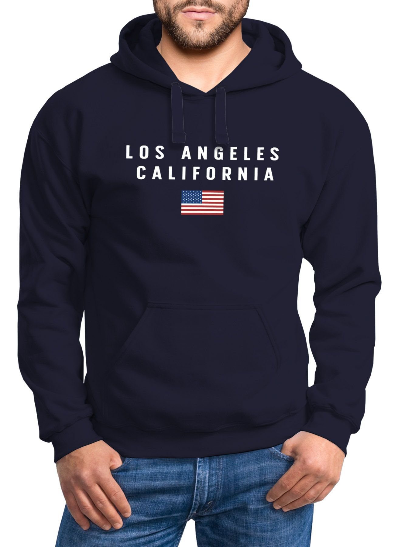 Hoodie Los Fashion USA Amerika Streetstyle Flagge navy Neverless California Bedruckt Herren Angeles Neverless® Schriftzug Hoodie