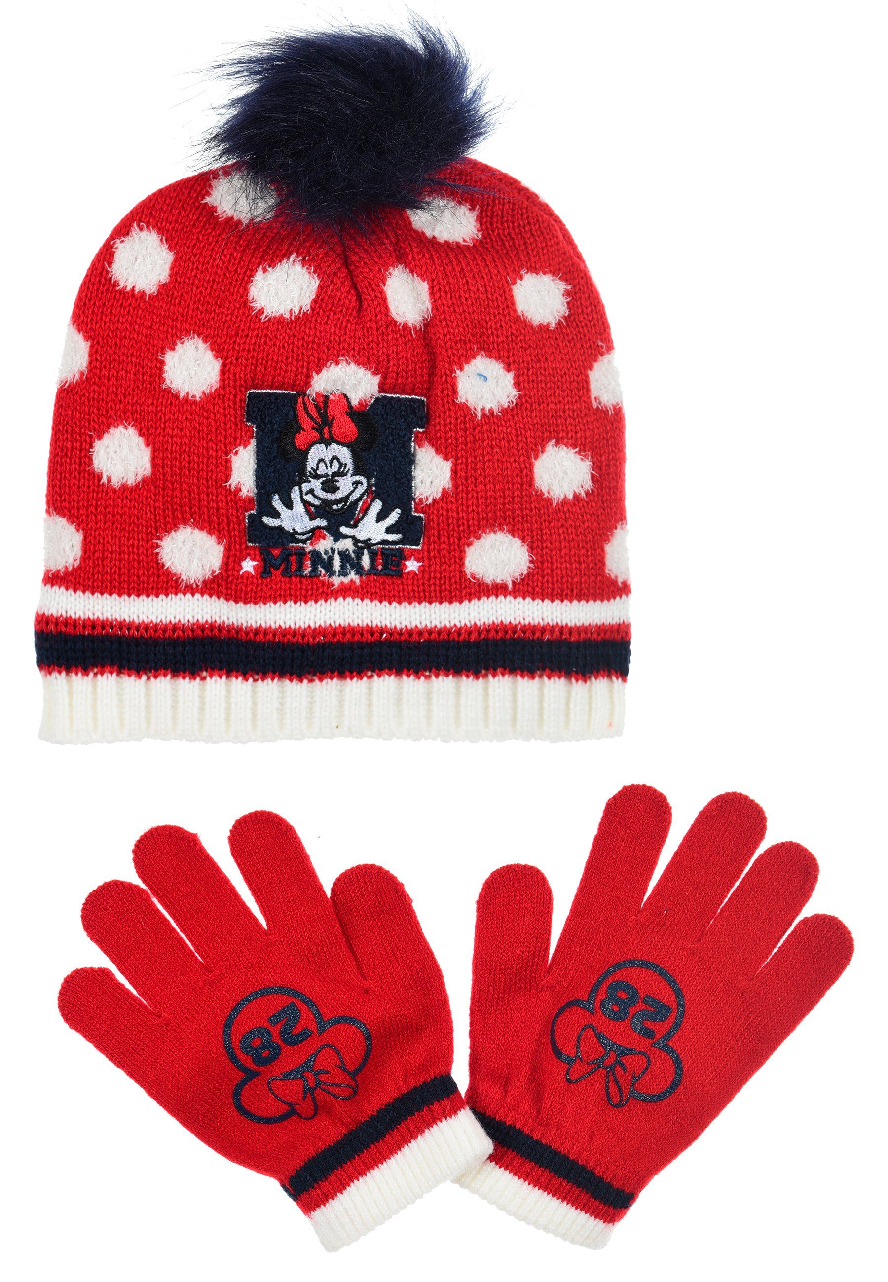 2 Handschuhe Mouse Bommelmütze & Disney tlg. Mädchen Minnie (SET) Kinder Winter-Set Mütze Rot