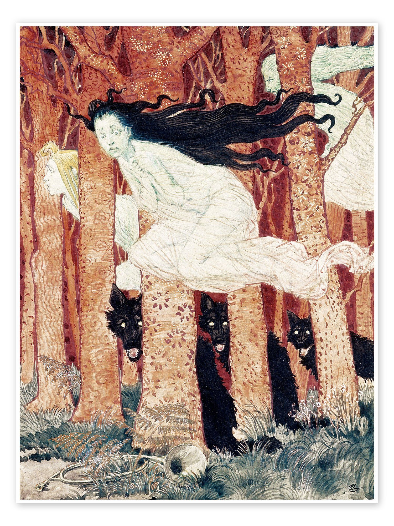 Posterlounge Poster Eugène Grasset, Drei Frauen und drei Wölfe, Malerei
