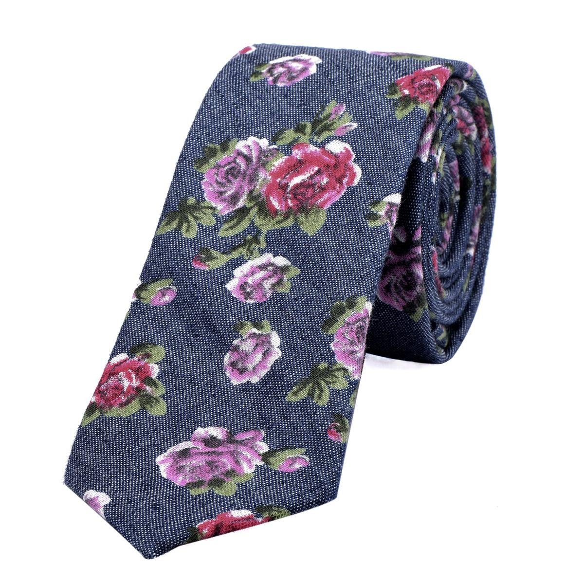 DonDon Krawatte Herren Krawatte 6 cm einfarbig kariert und gepunkt (Packung, 1-St., 1x Krawatte) Baumwolle, verschiedene Muster, für Büro oder festliche Veranstaltungen jeans-blau mit Blumen