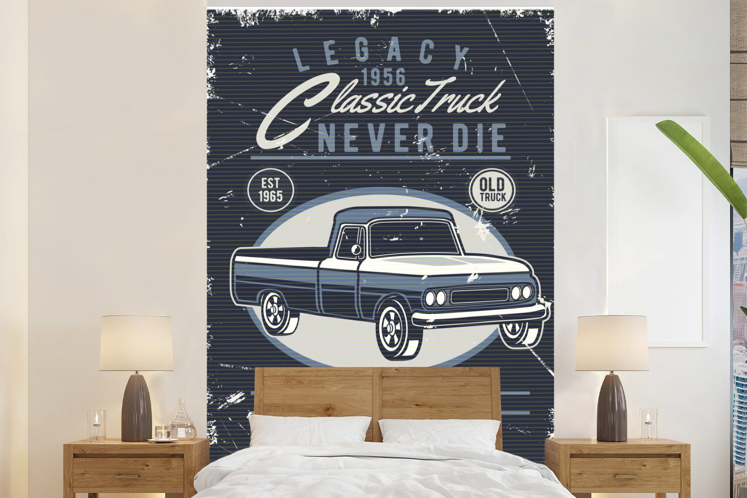 MuchoWow Fototapete Lkw - Retro - Blau - Zeichnung, Matt, bedruckt, (3 St), Montagefertig Vinyl Tapete für Wohnzimmer, Wandtapete