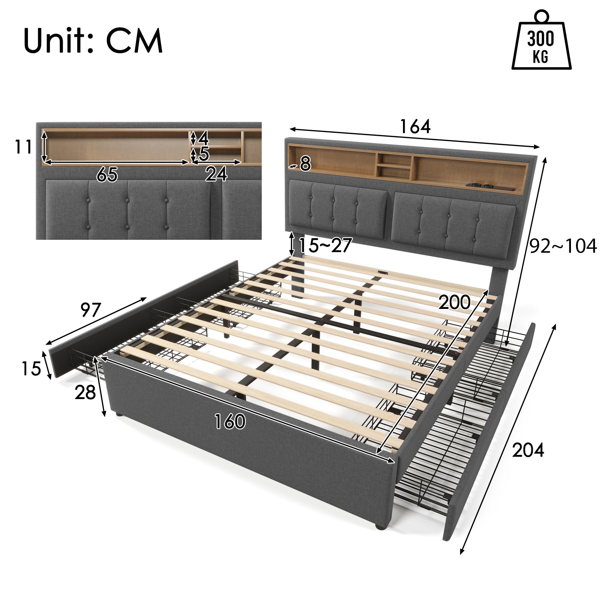 Polsterbett (Doppelbett mit Lattenrost und 4 Schubladen), Stauraumbett 160x200cm mit USB Typ C Ladefunktion Kopfteil, Leinen
