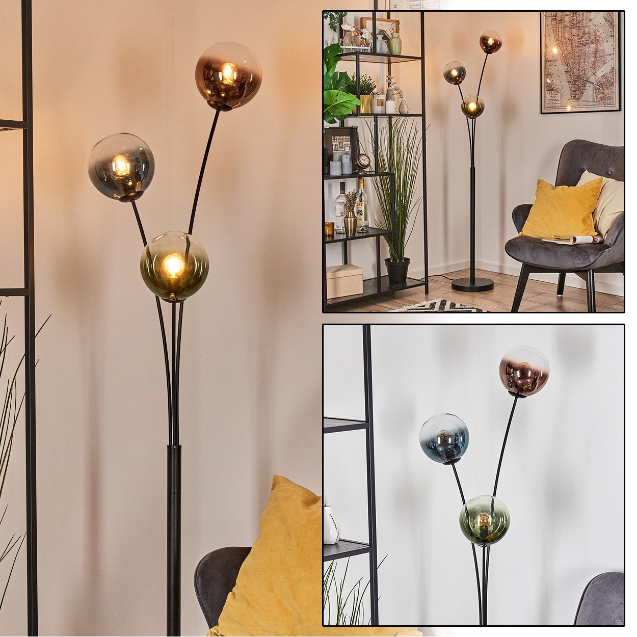 hofstein Stehlampe Stehlampe aus Metall/Glas in Schwarz/Blau/Grün/Kupfer/Klar, Stehleuchte im Retro-Design (Schirme 15cm), Fußschalter, 170cm, E14