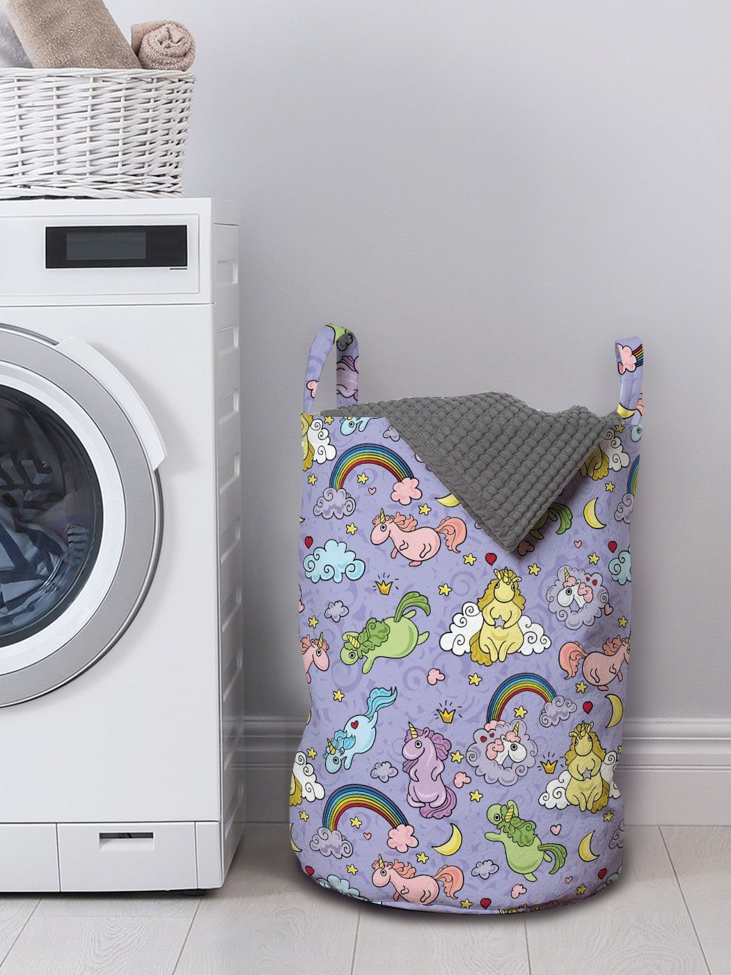 in Abakuhaus Fliegen Griffen Himmel Regenbogen für Wäschekorb Kordelzugverschluss mit Waschsalons, Unicorns Wäschesäckchen