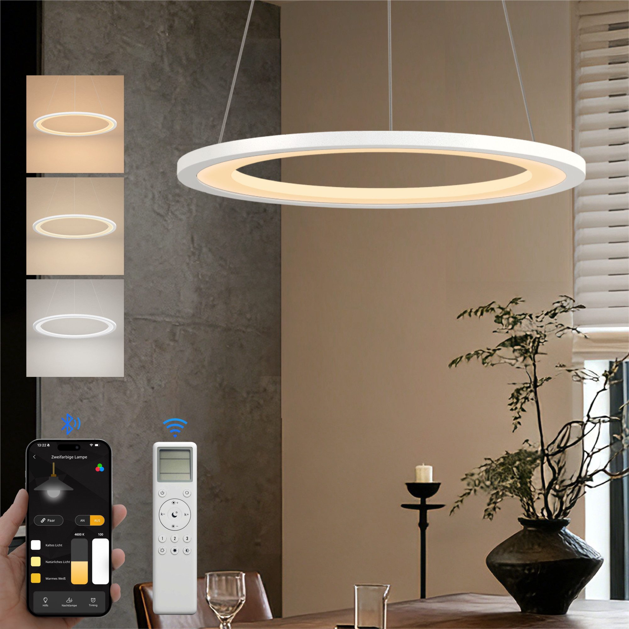 doporro Pendelleuchte Pendellampe Hängeleuchte höhenverstellbar stufenlos dimmbar Luvina01, Farbtemperatur von 3000–6000K einstellbar, LED-Pendellampe – Bild 2 von 5