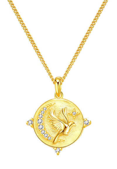 Hey Happiness Freundschaftskette Gravur Fearless, Damen Halskette Silber 925 Vogel Mond mit Bedeutung, Statementkette Anhänger Platte Sterne Zirkonia, 18K Gold Glücksbringer