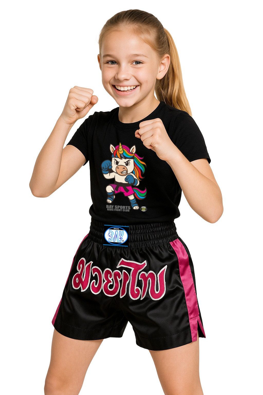 BAY-Sports T-Shirt Einhorn KidsFightClub Kickboxen Kampfsport Thaiboxen Karate MMA Kinder (Mehrfarbiger Druck, Stück) Unicorn mit Regenbogenmähne für Mädchen und Girls rosa pink
