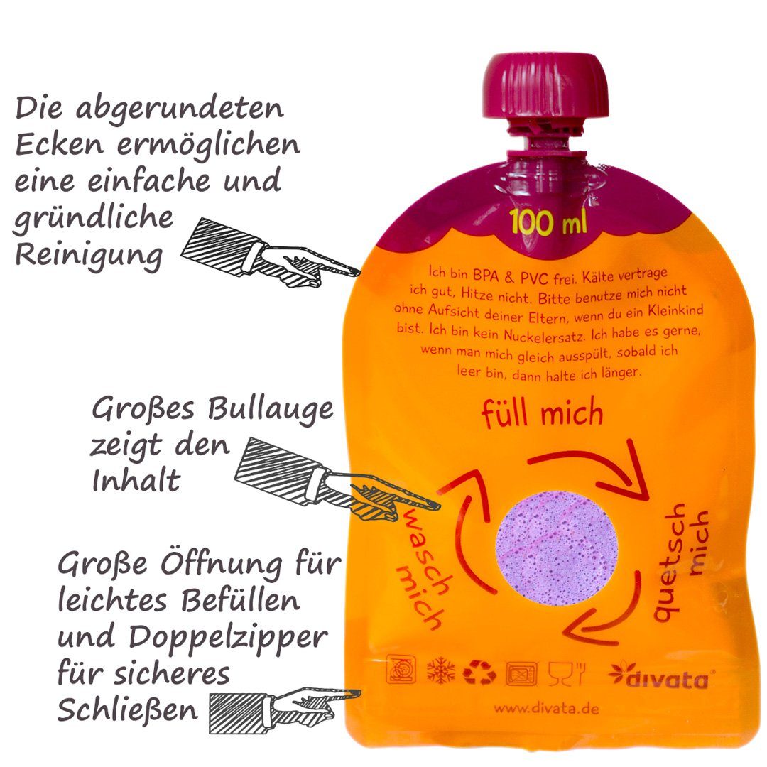 Quetschies, Quetschbeutel - divata 100ml Babyflasche Mehrweg wiederverwendbare