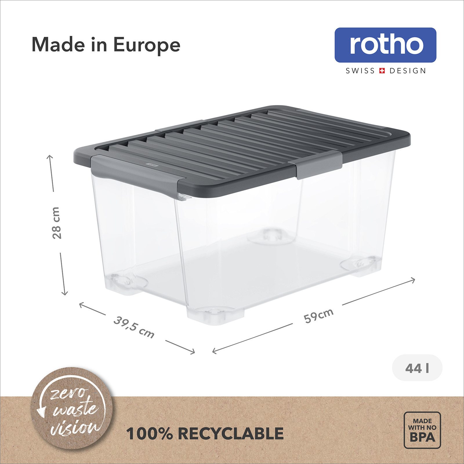 ROTHO Aufbewahrungsbox 4er-Set CORE PRO 44 L stapelbare Box mit gedichteter Deckel (Lagerboxen-Set, 4er-Set), große Dichtbox ideal für Kleidung, Decken und Haushaltsartikel