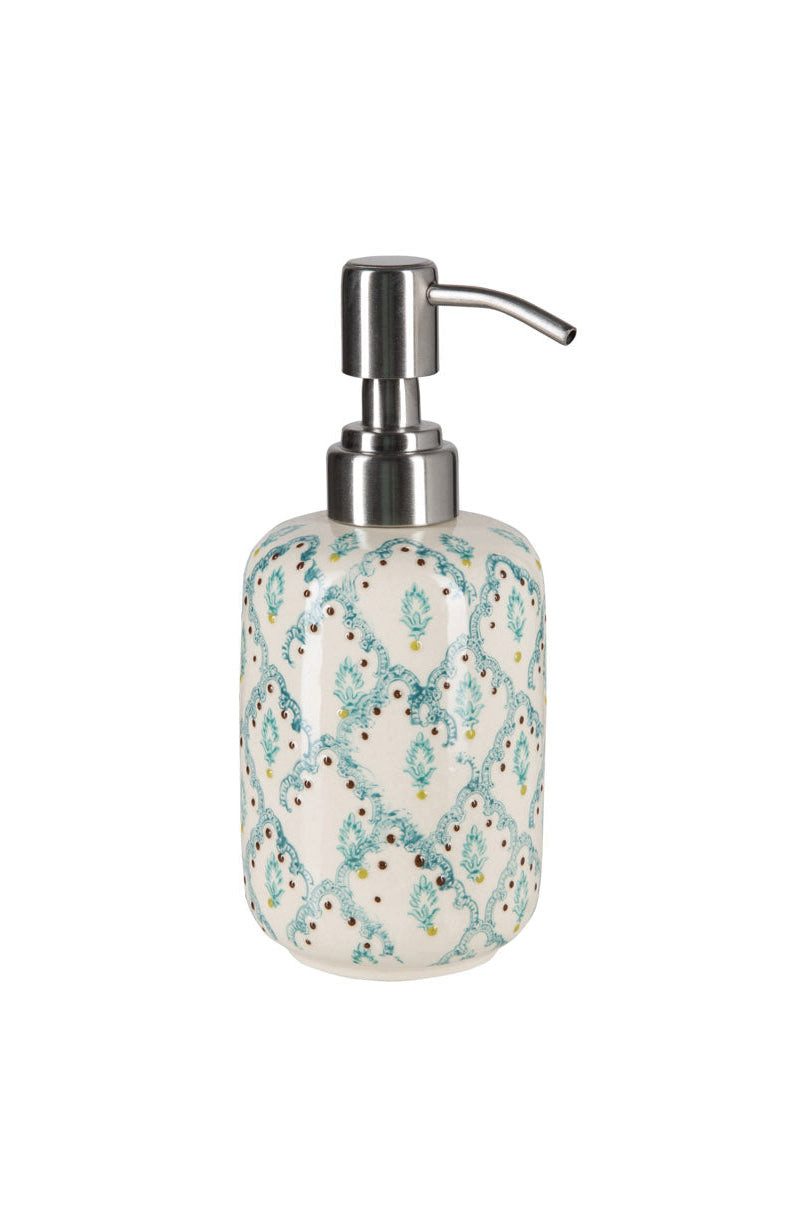 Tranquillo Seifenspender 300ml aus Steinzeug ORIENTAL mit Edelstahlkopf Ø7,5x16 cm mit Motiv, Orientalisch gemusterter Pumpspender, handgestempelt von Tranquillo