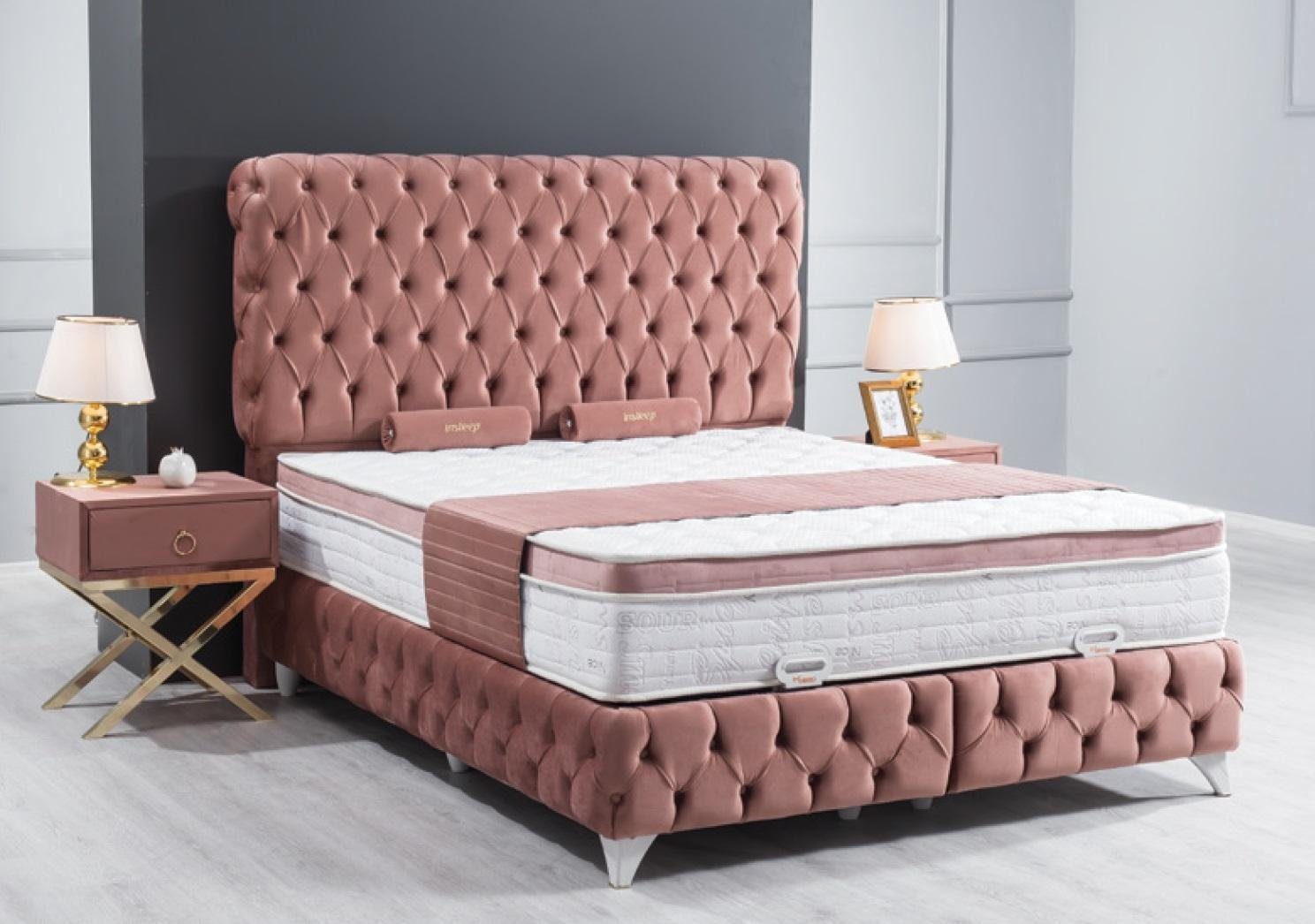 JVmoebel Schlafzimmer-Set Boxspring Rosa Chesterfield Bett Elegantes Design Luxus 2x Nachttische