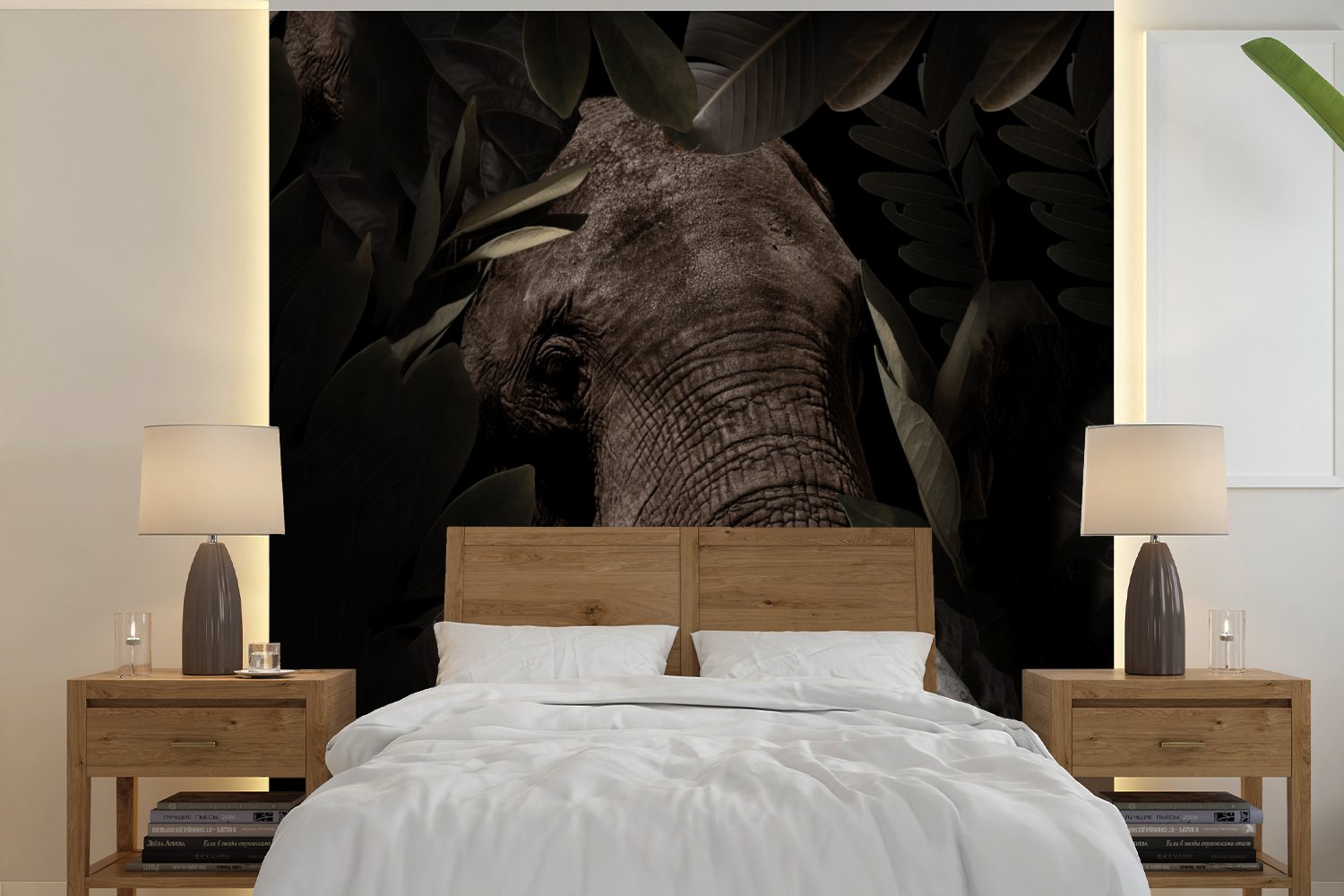 MuchoWow Fototapete Elefant - Tiere - Blätter - Botanisch, Matt, bedruckt, (5 St), Vinyl Tapete für Wohnzimmer oder Schlafzimmer, Wandtapete