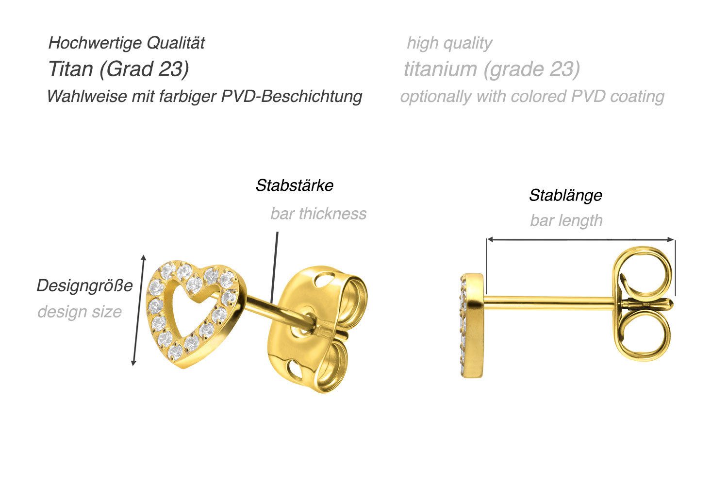 PIERCINGLINE Paar Ohrstecker Titan Ohrstecker KRISTALLHERZ (Ohrstecker, 1-tlg)