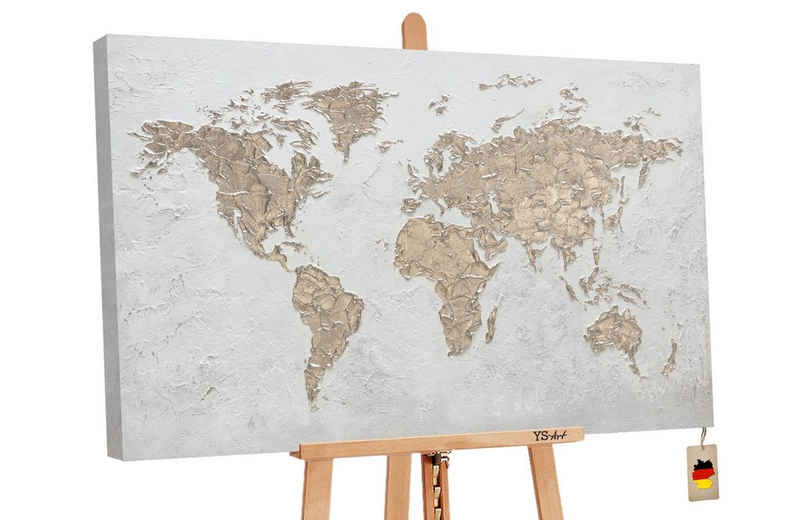 YS-Art Gemälde »Weltkarte«, Weltkarte, Weltkarte auf Leinwand Bild Handgemalt in Gold
