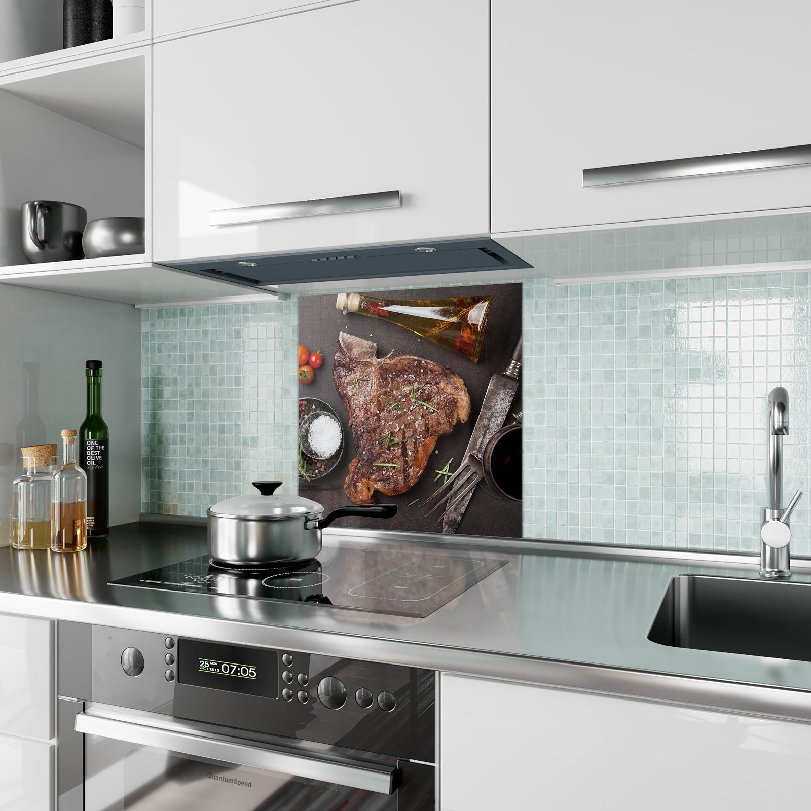 Spritzschutz T-Bone Motiv mit Steak mit Küchenrückwand Rosmarin Primedeco Glas Küchenrückwand