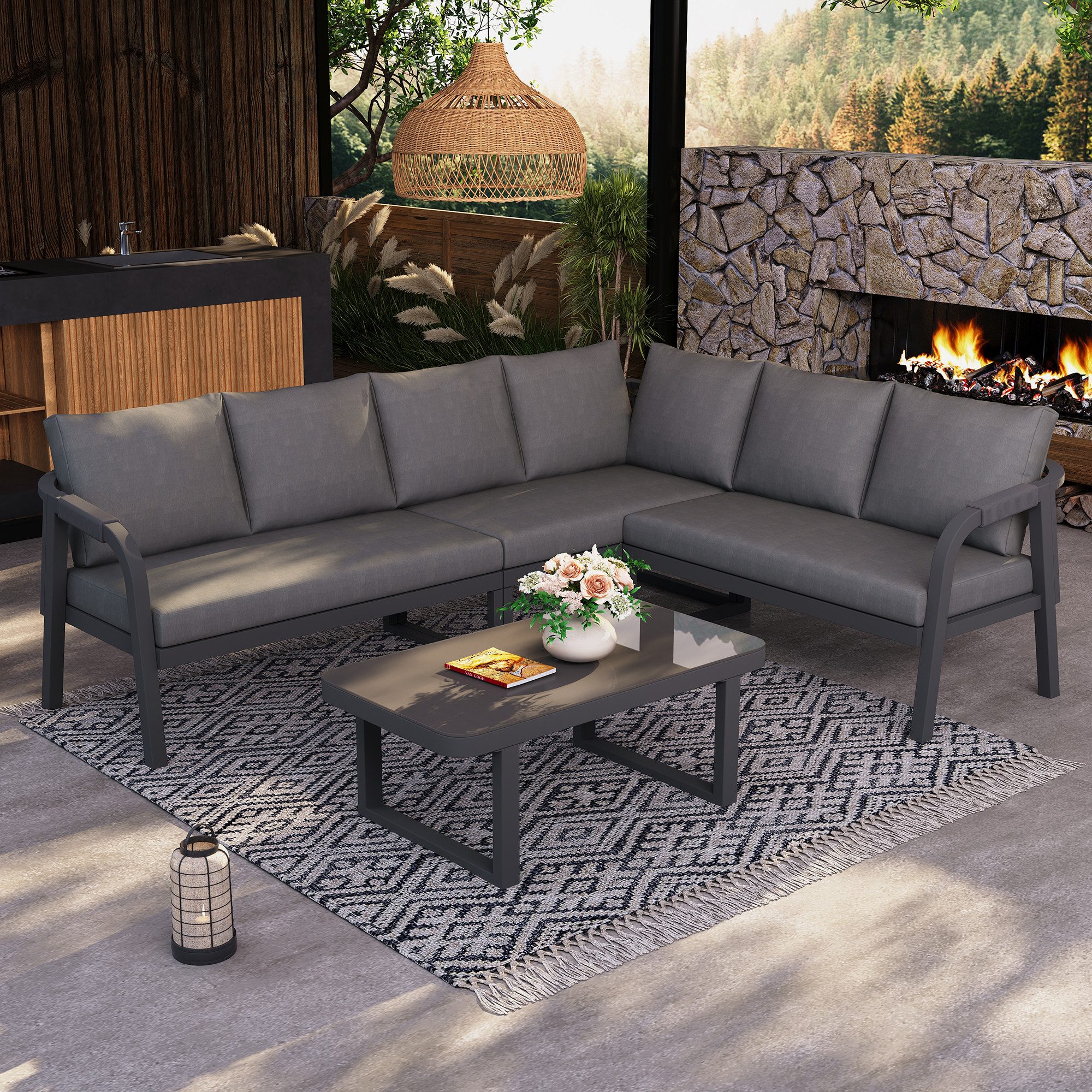 Ulife Gartenlounge-Set Gartenmöbel-Set für bis zu 6 Personen, inkl. Ecksofa & Couchtisch, (2-tlg), Verzinkte Stahlrohre, geflochtene Armlehnen