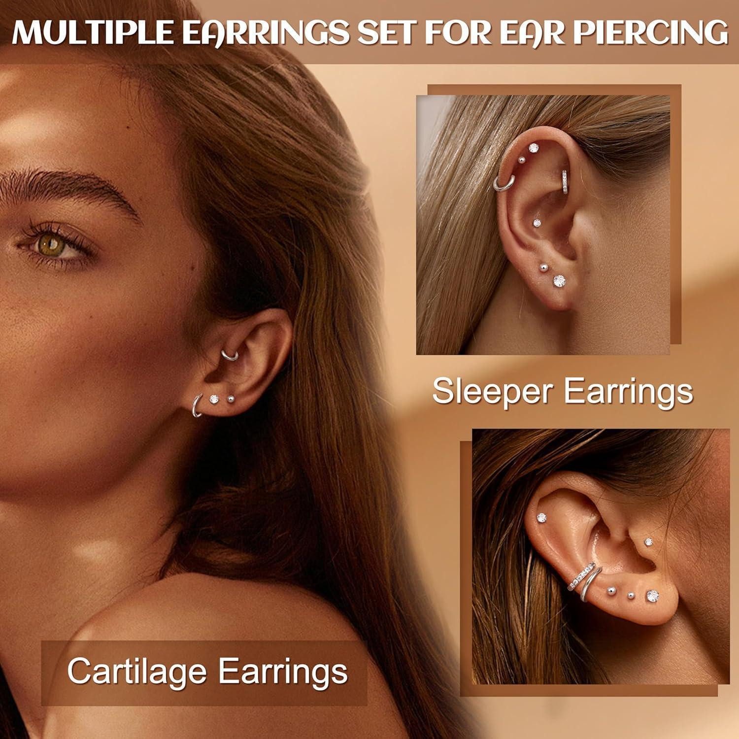LuxusKollektion Ohrring-Set Ohrstecker 9Paar 316L Cubic Zirkonia Hypoallergen Gold 9Paar Silber – Bild 3 von 5