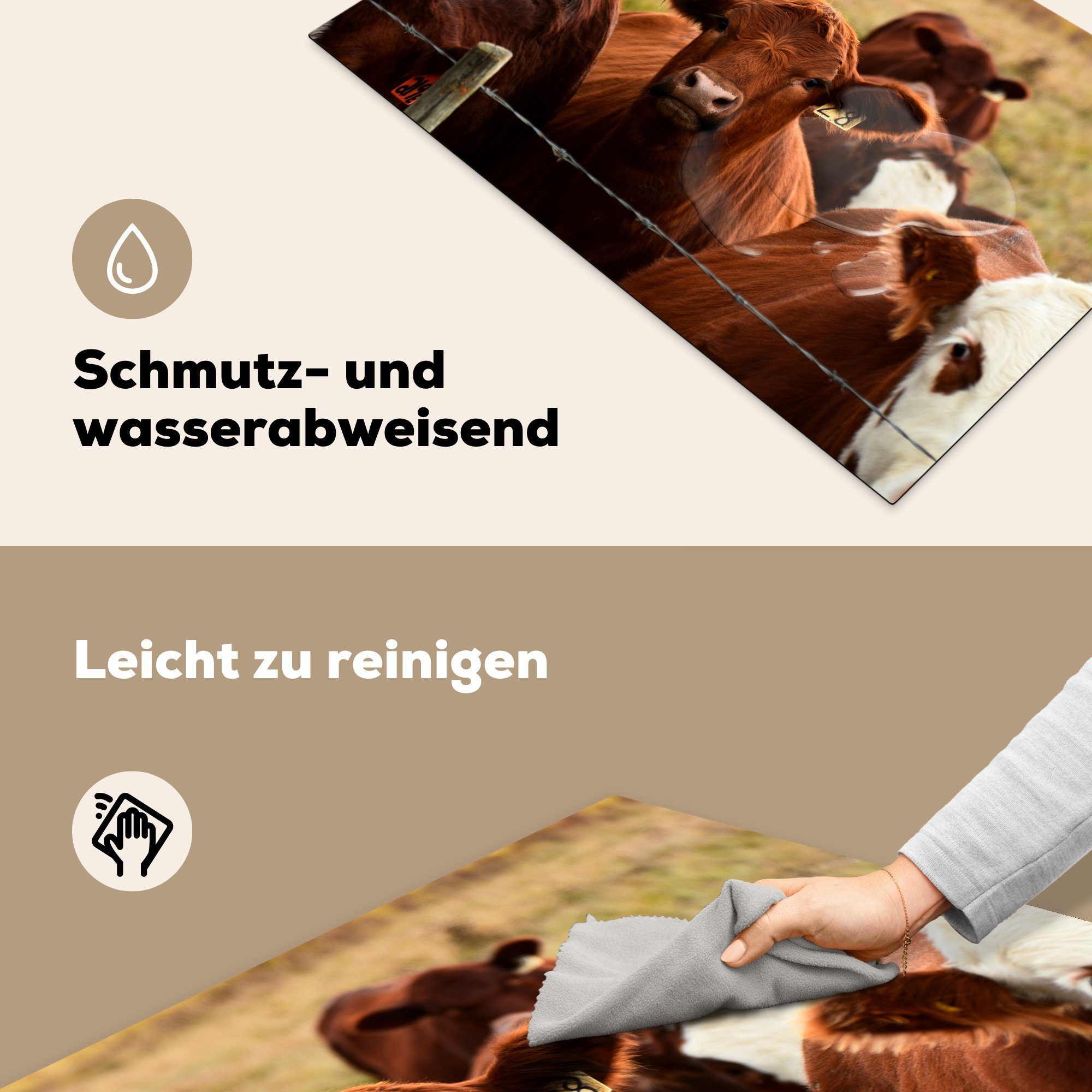MuchoWow Herdblende-/Abdeckplatte Kuh - Tiere Zaun küche, die cm, (1 - Ceranfeldabdeckung Vinyl, Induktionskochfeld - Braun, 81x52 tlg), für Schutz