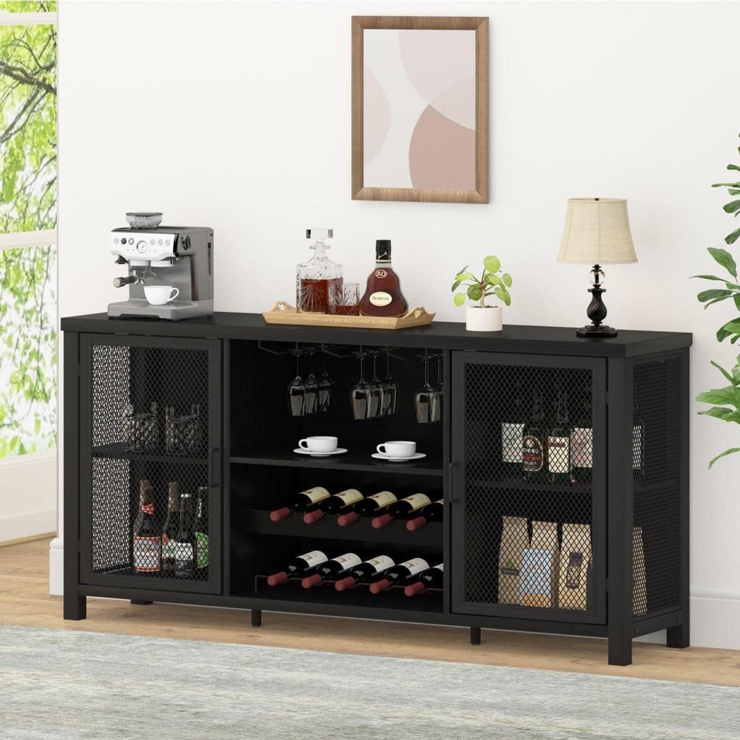 LuxusKollektion Barschrank Barschrank Landhaus industriell mit Weinregal Stauraum 140 cm schwarz