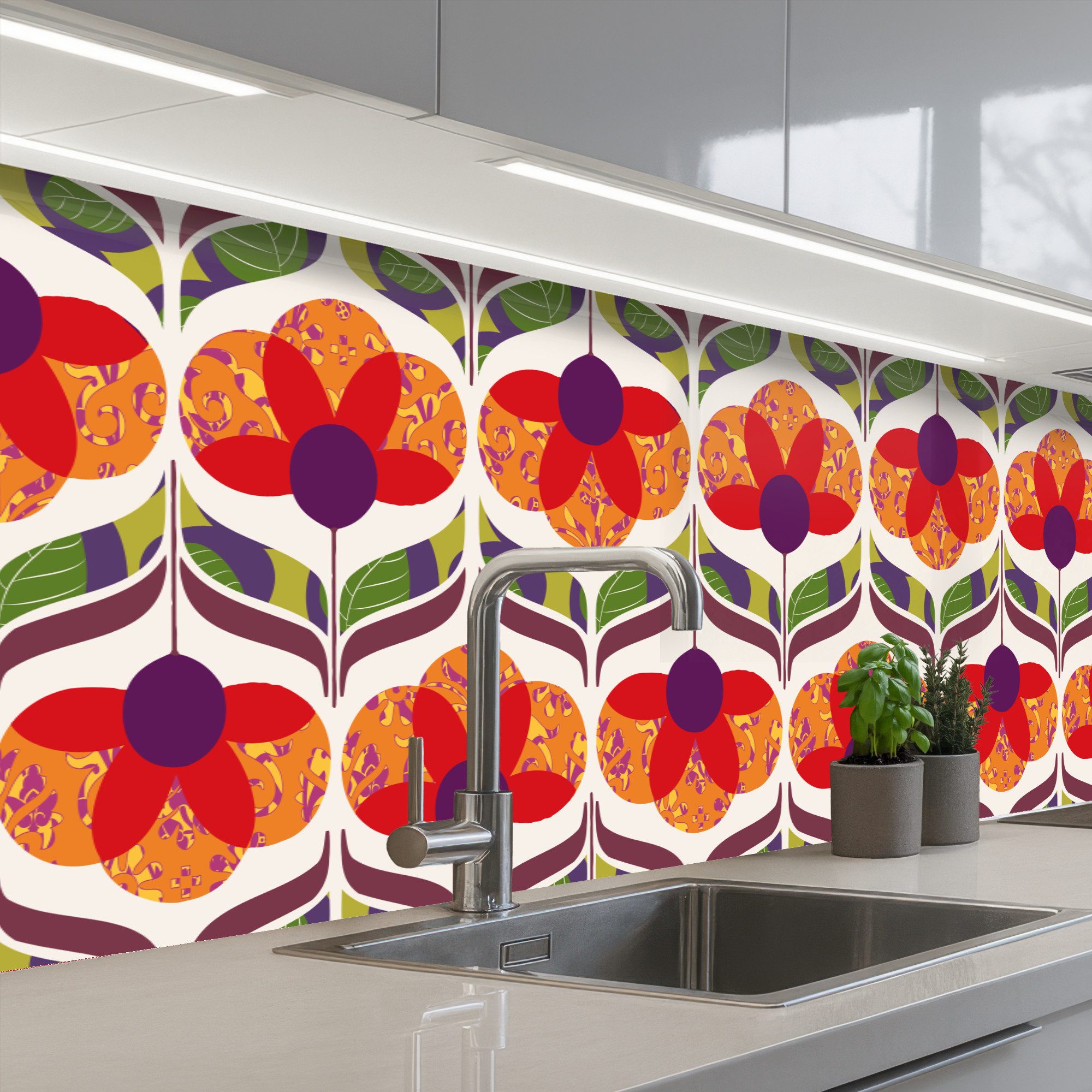 KitchenYeah Küchenrückwand selbstklebend Retro - Flower Power - Vintage - Farben, (1-tlg), Spritzschutz, Küche, Rückwand, Küchenwand, Küchenfront, 300x80 cm
