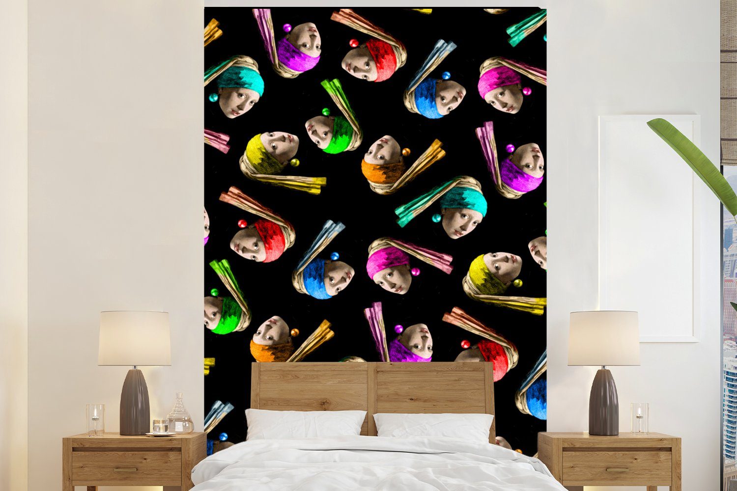 MuchoWow Fototapete Mädchen mit einem Perlenohrring - Muster - Regenbogen, Matt, bedruckt, (3 St), Montagefertig Vinyl Tapete für Wohnzimmer, Wandtapete