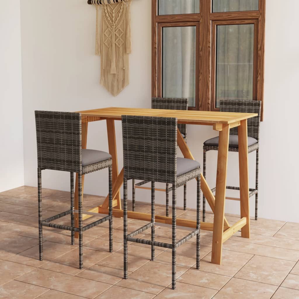furnicato Gartenbar-Set Echtholz Tisch 140x70x104 cm Grau Barhocker mit Kissen, (1-tlg), Wetterbeständige Sitzgruppe mit waschbaren Kissen und Stahlgestell