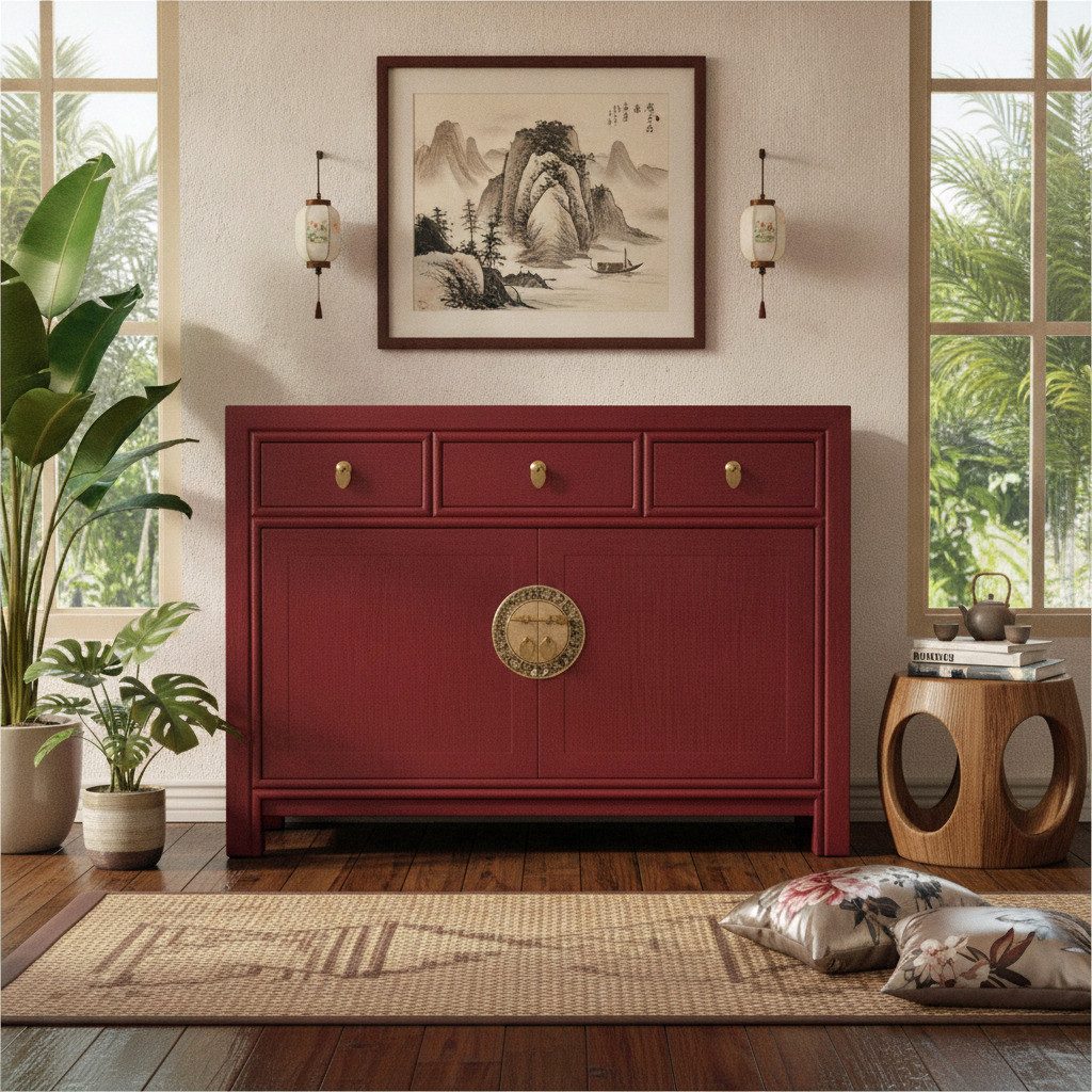OPIUM OUTLET Kommode Vintage Schrank Sideboard rot asiatisch chinesisch orientalisch (B x T x H: 117 x 40 x 85 cm, Anrichte Buffet rot), Asia Möbel Hochzeitsschrank komplett montiert