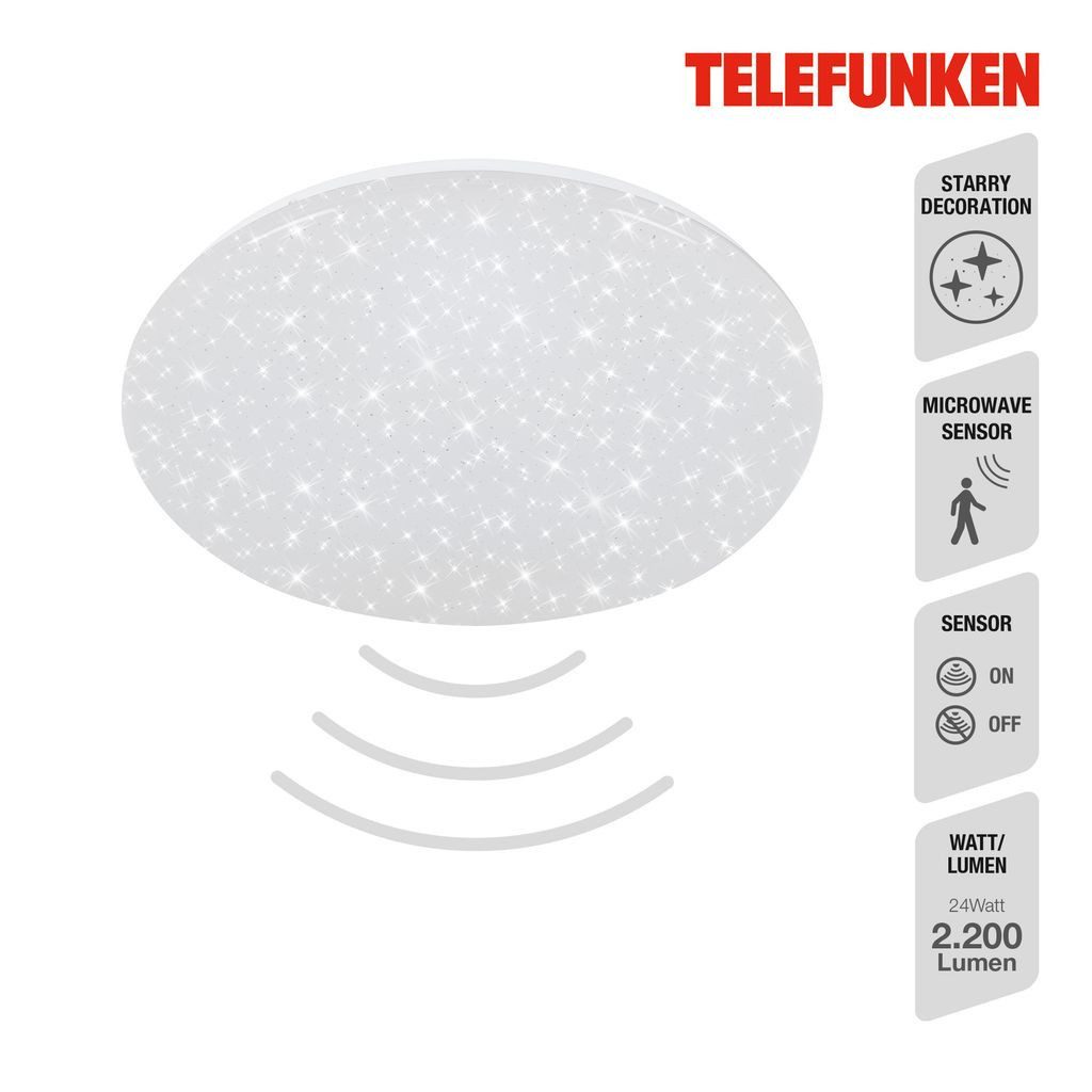 Telefunken LED Deckenleuchte 601806TF, Leuchtdauer einstellbar, LED fest integriert, 2700K - Extra-Warmweiß, Deckenleuchte Sensor Sternenhimmel 24W 2200lm 4000K Ø 38cm
