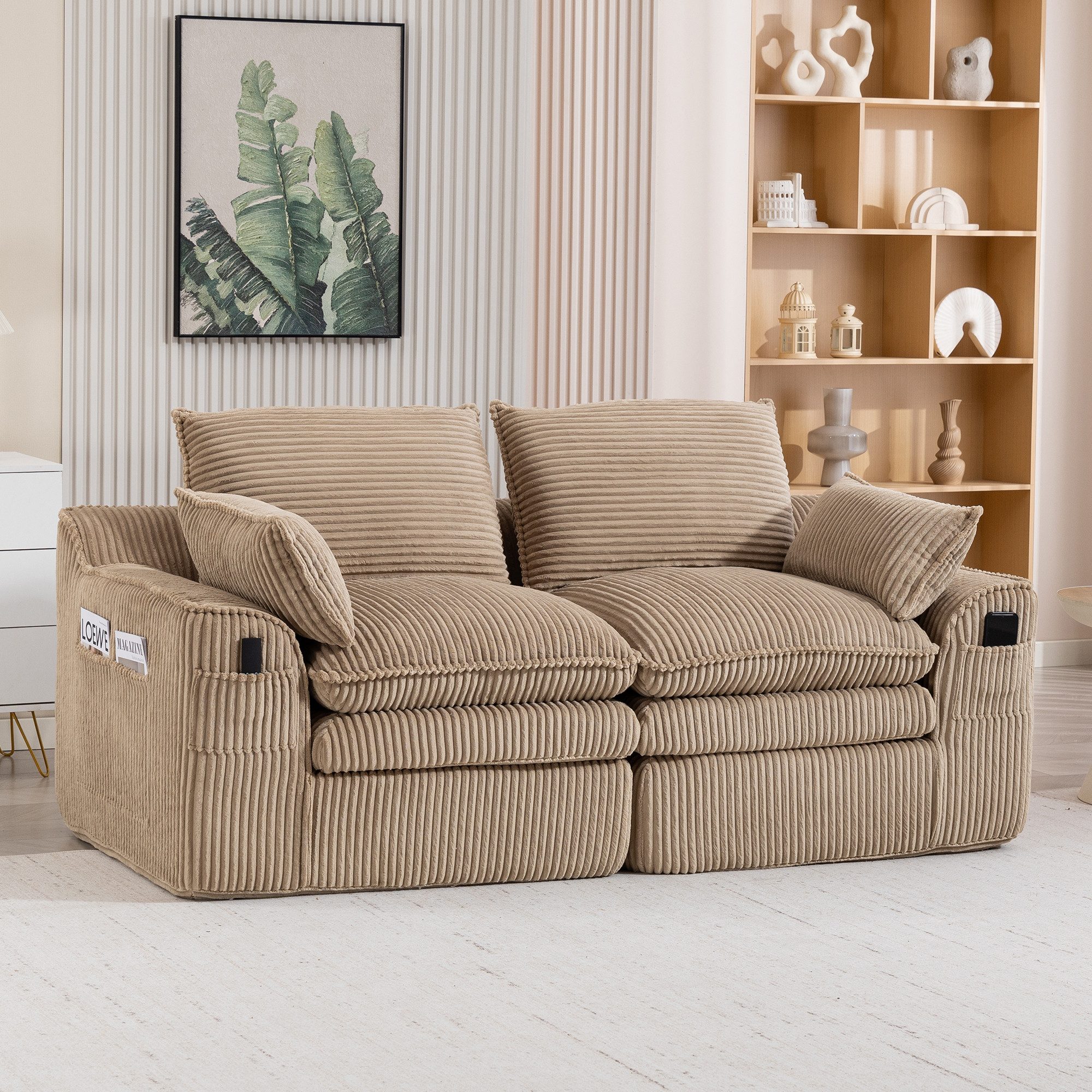 HAUSS SPOLE Loungesofa aus Cordstoff,2-Sitzer Polstersofa Relaxsofa mit Seitentaschen,Khaki, Schwammstruktur mit integriertem Federkern, Frei kombinierbar – für Wohnzimmer, Büro & mehr