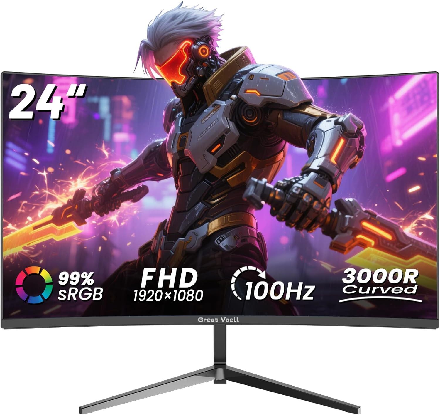 Great Voell Q240B13 Curved-LED-Monitor, 100 Hz, FHD, 1920x1080, Home Office Gaming Curved-LED-Monitor (61 cm/24 ", 1920 x 1080 px, FHD, 1 ms Reaktionszeit, 100 Hz, VA LED, 16:9, AMD FreeSync, 98% sRGB, HDR10, 75x75 mm VESA)