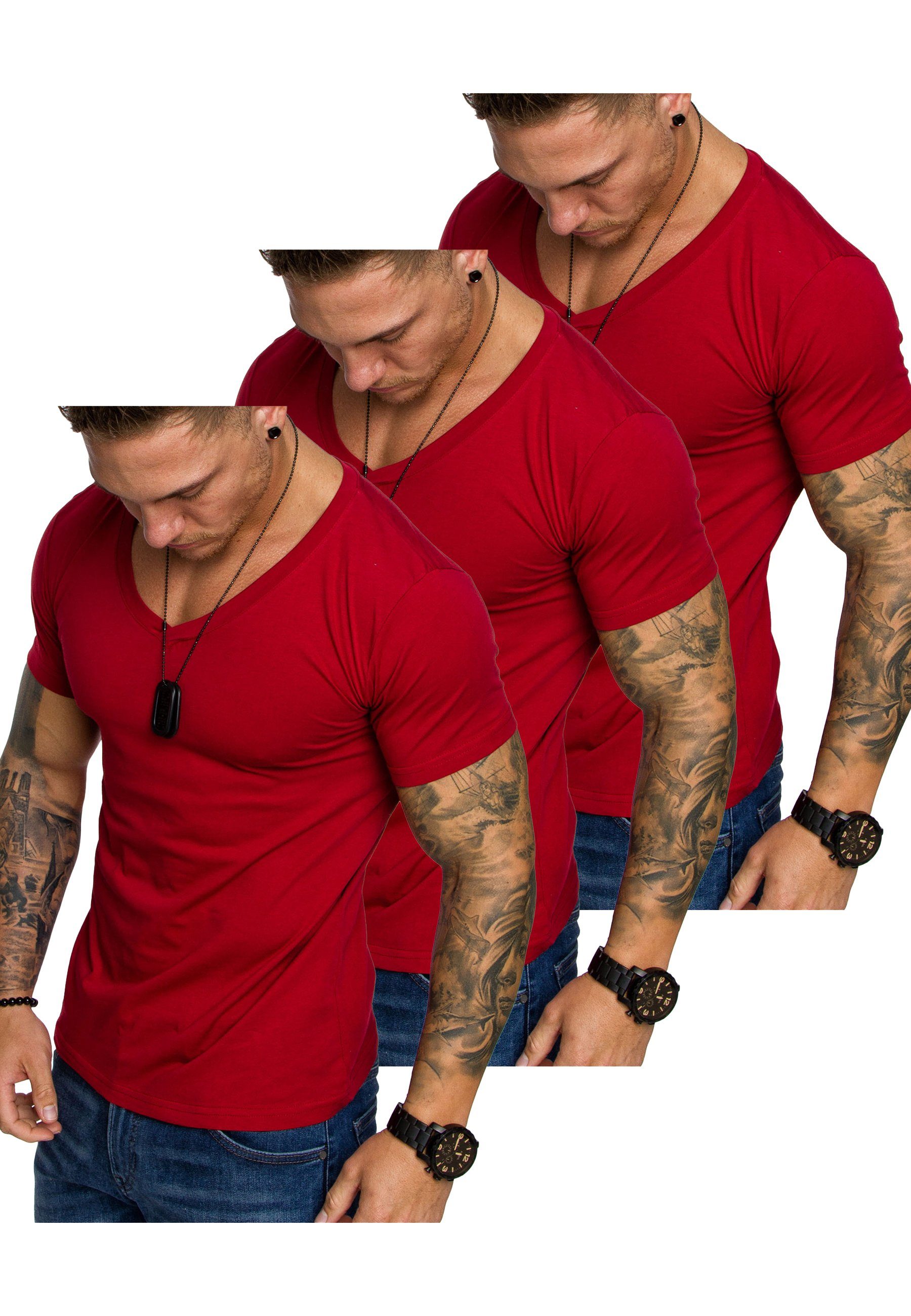 Amaci&Sons T-Shirt 3. EUGENE Herren 3er-Pack T-Shirts (3er-Pack) Herren Basic Oversize T-Shirt mit V-Ausschnitt (3x Rot)