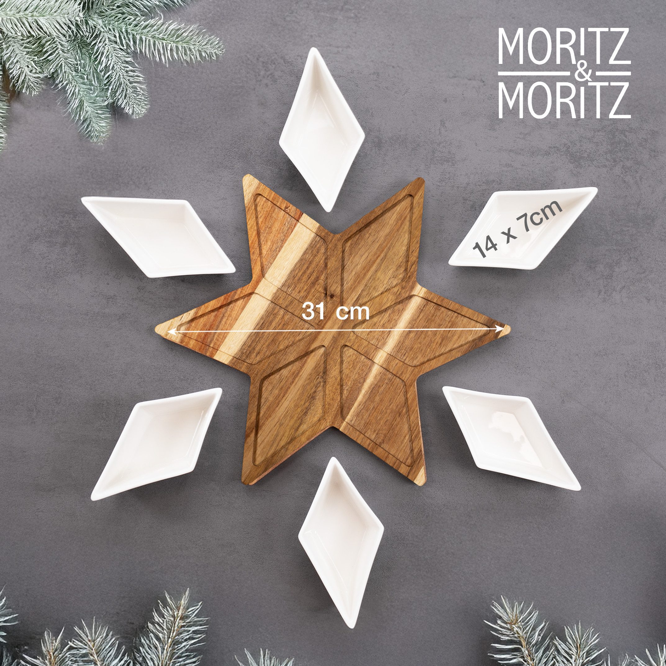 Moritz & Moritz Servierschale Moritz & Moritz Servierschalen Set STERN, Keramik, Akazienholz, (Set, 7-tlg), Weihnachtliches Stern Motiv