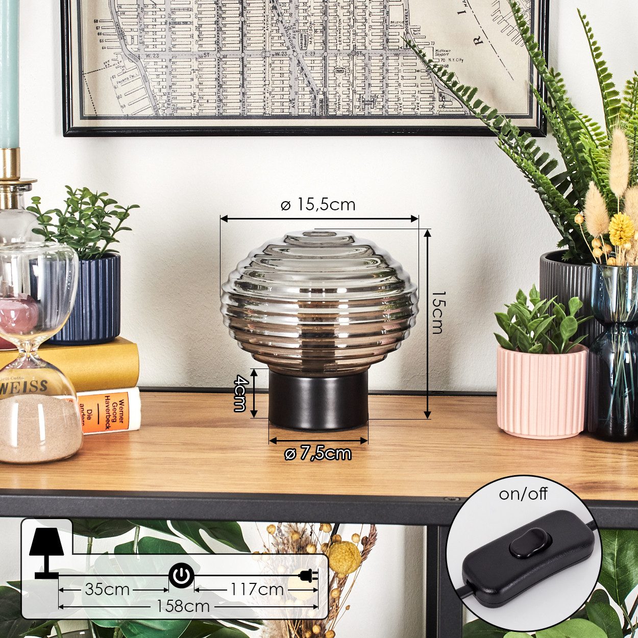 hofstein Tischleuchte Tischlampe aus Metall/Glas in Schwarz/Rauchfarben, ohne Leuchtmittel, mit Glasschirm (15,5cm) u. An/-Auschalter, 1x E14, ohne Leuchtmittel