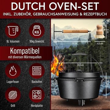 GUSSKÖNIG Grilltopf GUSSKÖNIG Dutch Oven Set [9L] mit 2in1 Deckelheber, Gusseisen (6-tlg)