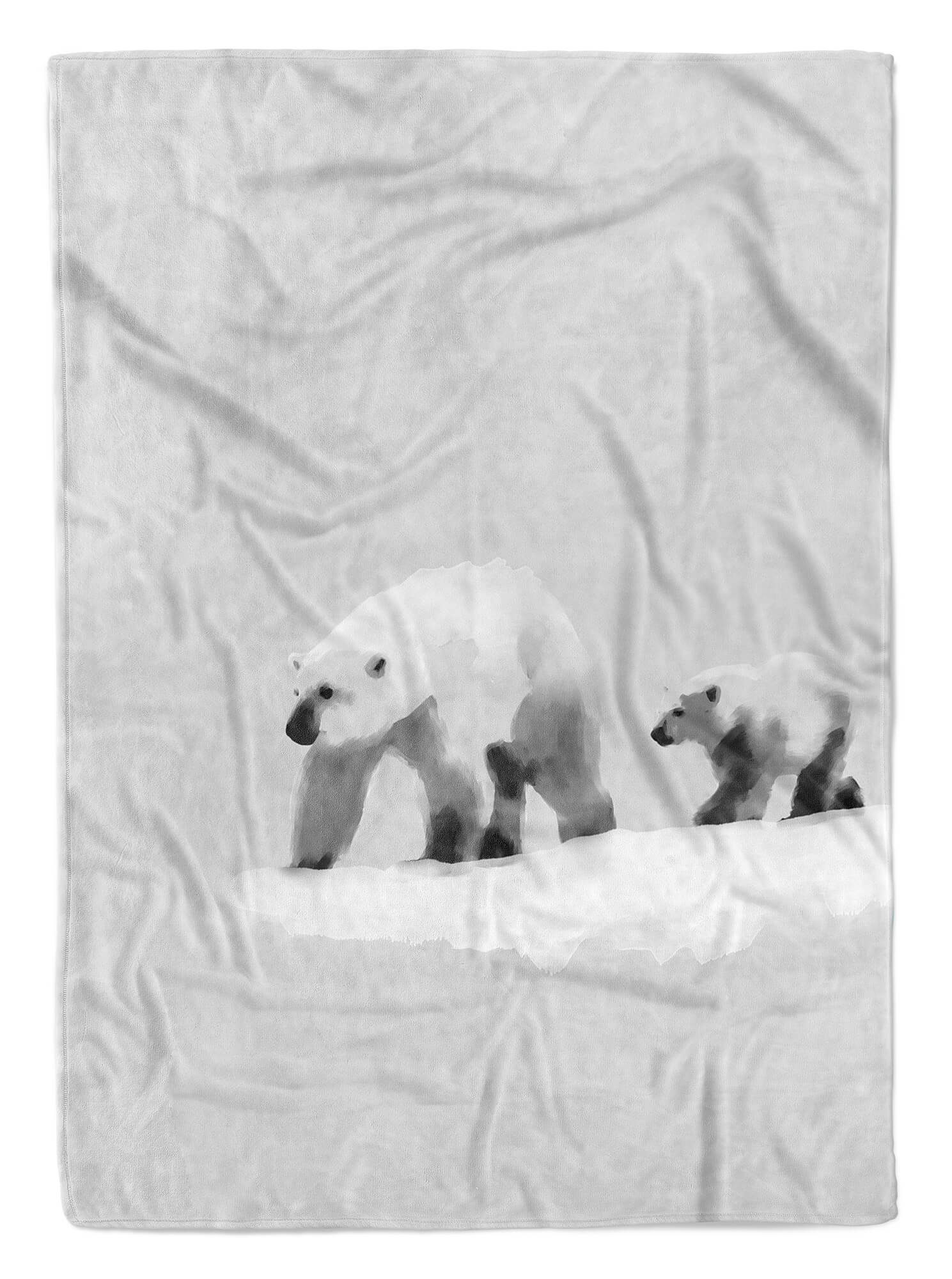 Sinus Art Handtücher Handtuch Strandhandtuch Saunatuch Kuscheldecke Grau Eisbär Mama Baby Motiv, Baumwolle-Polyester-Mix (1-St), Handtuch