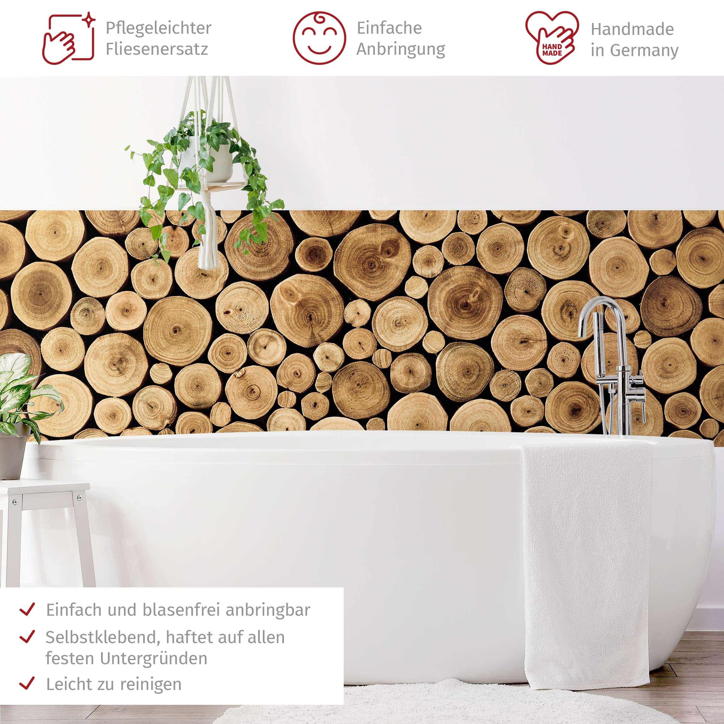 Bilderdepot24 Badrückwand braun fugenlose Wandverkleidung Bad mit Motiv, (Hartfolie matt » Selbstklebend SMART 0,35 mm), wasserfestes Wandpaneel Homey Firewood
