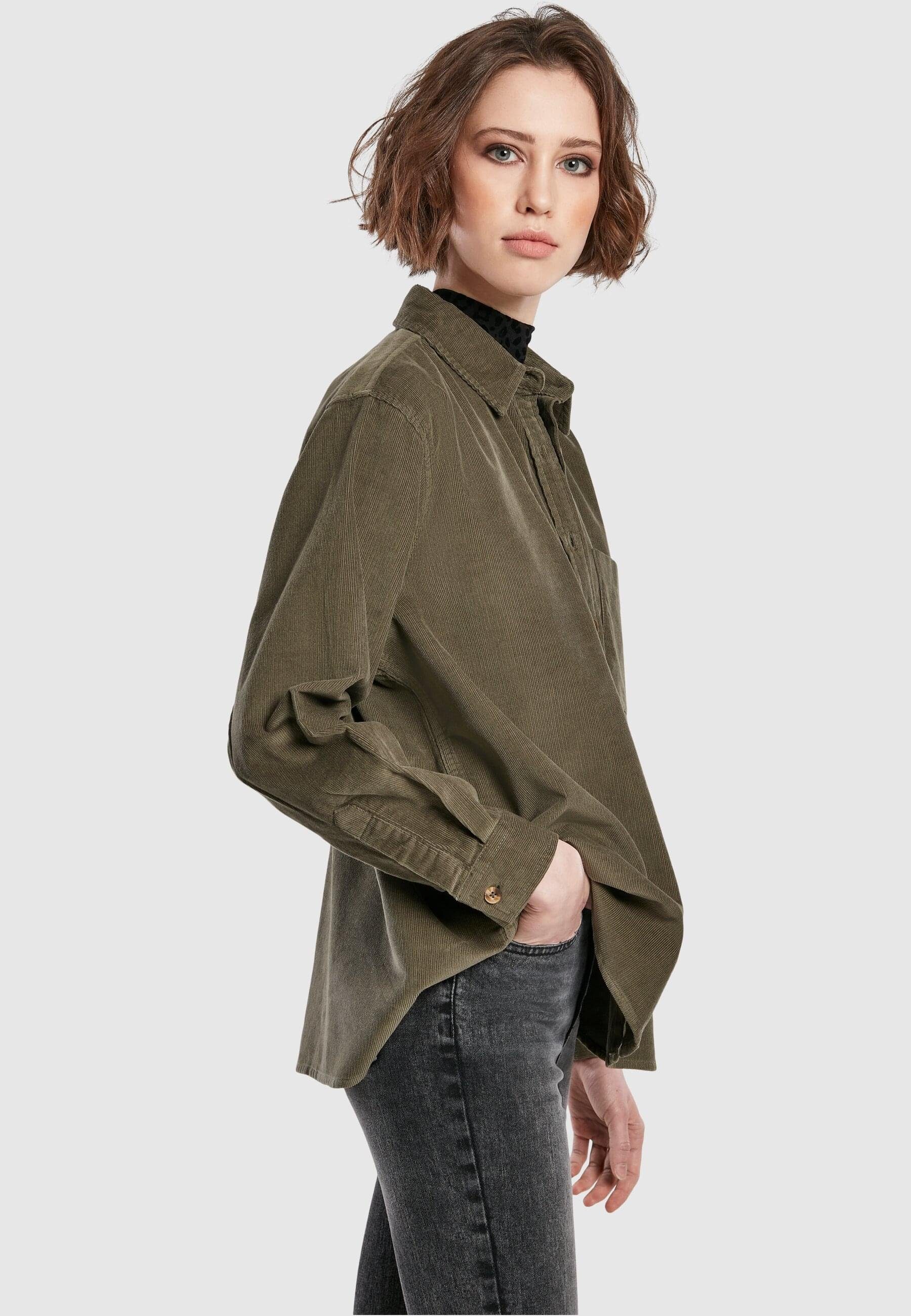 Corduroy (1-tlg) Ladies URBAN CLASSICS olive Oversized Shirt Langarmhemd Damen