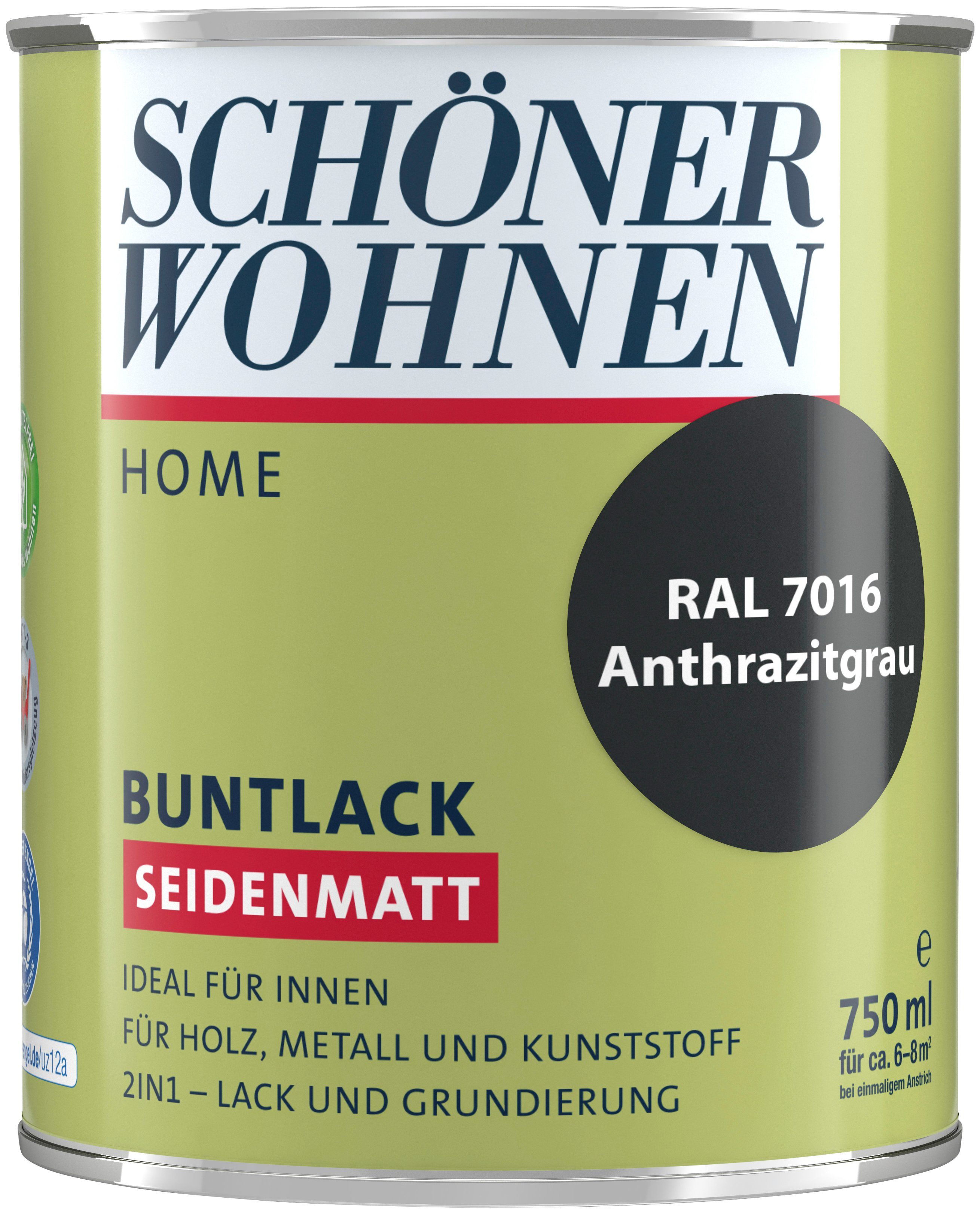 Buntlack, 7016, anthrazitgrau 2in1-Lack innen, seidenmatt, für Lack FARBE RAL 750 ml, WOHNEN Home SCHÖNER