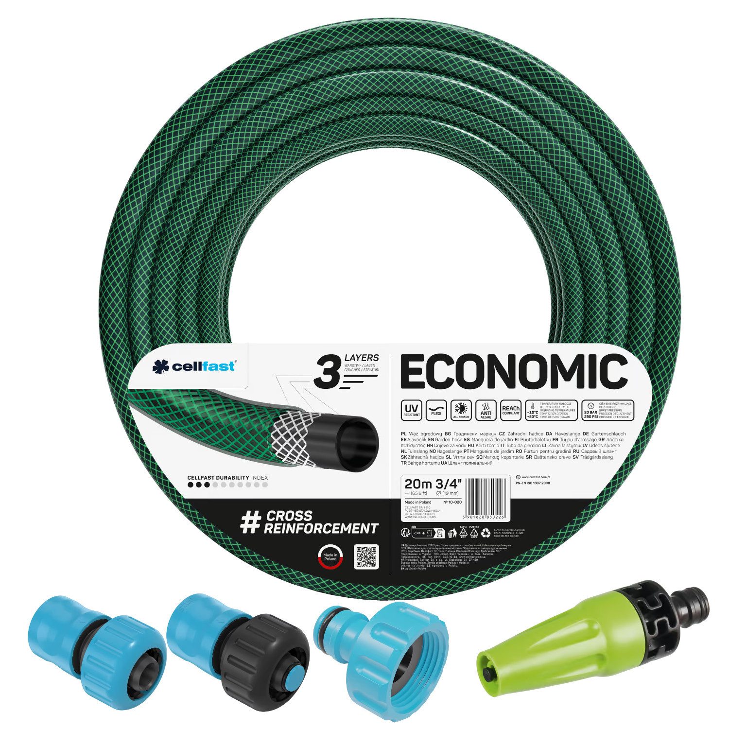Cellfast Gartenschlauch Economic Gartenschlauch 3/4'' 20 m mit Sprühkopf, Durchgangs- und Absperr-Schnellkupplung 3/4"