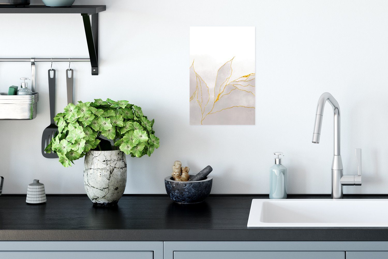 Marmor, MuchoWow Wohnzimmer, - Ohne - Wandbild, Grau Gold für - St), Poster, (1 - Poster Rahmen Wandposter Marmoroptik Chic