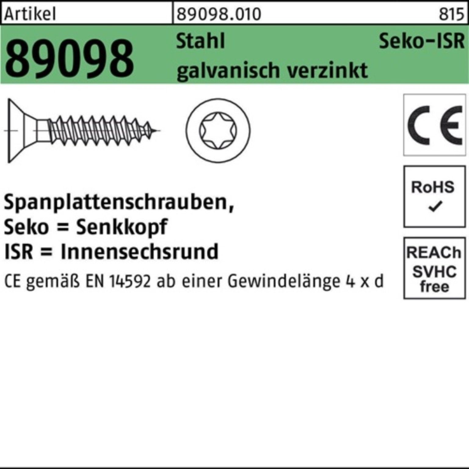 89098 gal SEKO Spanplattenschraube Spanplattenschraube Reyher Stahl R Pack VG 1000er ISR 4x50-T20