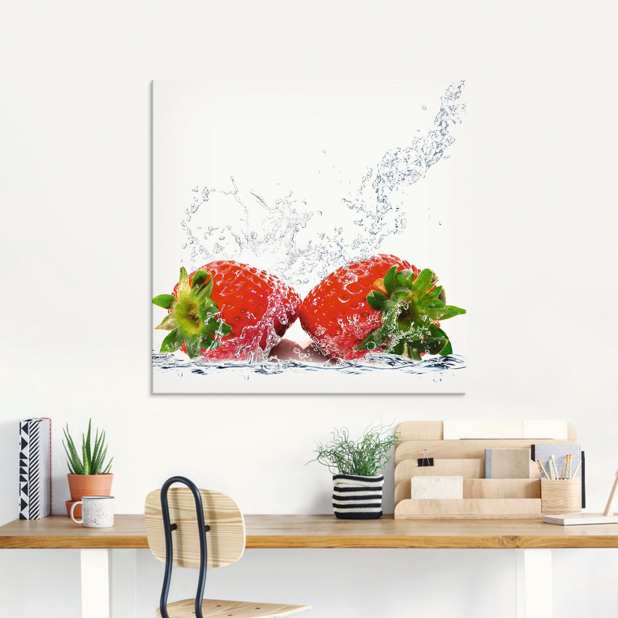 Artland Glasbild Erdbeeren mit Spritzwasser, Lebensmittel (1 St), in verschiedenen Größen